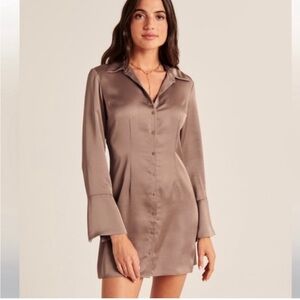 Abercrombie brown long sleeve satin shirt dress - S